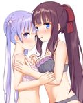  asymmetrical_docking bangs black_bra black_panties blue_eyes blush bra breast_press breasts flower from_side hair_flower hair_ornament hair_ribbon hand_on_another's_arm highres holding_hands interlocked_fingers lavender_hair long_hair looking_at_viewer medium_breasts mikazuchi_zeus multiple_girls navel new_game! panties parted_lips pink_bra ponytail purple_eyes purple_hair ribbon sidelocks simple_background small_breasts smile suzukaze_aoba takimoto_hifumi underwear underwear_only very_long_hair white_background yuri 