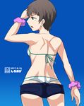  1girl ass bikini blue_background blush brown_eyes brown_hair girls_und_panzer naomi_(girls_und_panzer) simple_background solo 