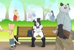  artist_request black_hair briefcase cat dog furry panda passing rabbit red_eyes school_swimsuit two-tone_hair white_hair 