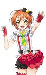  artist_request bangs blush bokura_wa_ima_no_naka_de bow breasts earrings fingerless_gloves frills gloves hair_bow hairband hoshizora_rin jewelry looking_at_viewer love_live! love_live!_school_idol_festival love_live!_school_idol_festival_after_school_activity love_live!_school_idol_project navel necktie official_art open_mouth orange_hair short_hair shorts small_breasts smile solo star striped striped_neckwear suspenders teeth transparent_background yellow_eyes 