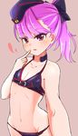  bikini black_bikini chawan_(yultutari) fate/grand_order fate_(series) finger_to_mouth flat_chest hat helena_blavatsky_(fate/grand_order) helena_blavatsky_(swimsuit_archer)_(fate) highres long_hair navel open_mouth outstretched_arm ponytail purple_eyes purple_hair reaching_out ribbon self_shot smile solo swimsuit throat_microphone upper_body 