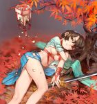  ass autumn autumn_leaves bare_legs breasts brown_eyes brown_hair commentary commentary_request hakama hakama_skirt heiyz japanese_clothes leaf lying maple_leaf medium_breasts navel on_side original outdoors red_ribbon ribbon short_hair short_sleeves solo sword torn_clothes torn_hakama tree underboob weapon 
