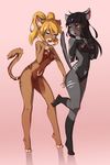  5_fingers anthro black_hair blonde_hair blue_eyes breasts brown_fur cat duo ear_piercing feline female fruitbloodmilkshake fur grey_fur hair hi_res mammal navel nipples piercing pink_background pussy red_eyes simple_background standing 