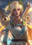  alternate_costume artist_name backlighting blonde_hair blue_eyes blurry bokeh breasts cleavage depth_of_field dress feathered_wings glowing glowing_feather glowing_wings head_wreath headwear high_ponytail highres laurel_crown lazy_eye light_smile lips looking_at_viewer mechanical_wings mercy_(overwatch) nose outdoors overwatch parted_lips pink_lips raikoart see-through_silhouette short_hair short_sleeves signature small_breasts solo spread_wings toga upper_body white_dress winged_victory_mercy wings yellow_wings 