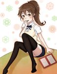  1girl :d apron arm_support blush brown_eyes brown_hair flower highres long_hair looking_at_viewer menu ponytail sitting smile stockings taneshima_popura ten_cws thighhighs white_shirt working!! 