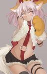  animal_ears arm_up armlet armpits bad_id bad_pixiv_id black_skirt blush chloe_von_einzbern closed_mouth collar commentary_request dark_skin fate/kaleid_liner_prisma_illya fate_(series) fur fur_trim gloves long_hair looking_at_viewer mobu navel o-ring o-ring_top paw_gloves paws pink_hair skirt smile solo standing stomach_tattoo tail tattoo thigh_strap yellow_eyes 