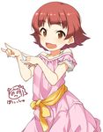  akane_yuki bare_shoulders brown_eyes collarbone commentary_request dress fox_shadow_puppet idolmaster idolmaster_million_live! nonohara_akane open_mouth pink_dress red_hair sash short_hair short_sleeves simple_background smile solo 