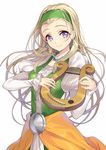  blonde_hair blue_eyes breasts check_commentary collarbone commentary_request detached_sleeves dragon_quest dragon_quest_xi dress earrings gan_(shanimuni) green_hairband hair_pulled_back hairband harp holding holding_instrument instrument jewelry juliet_sleeves long_hair long_sleeves looking_at_viewer medium_breasts necklace pearl_necklace puffy_sleeves senya_(dq11) simple_background smile solo upper_body white_background 