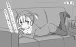  arm_support bangs blush breasts cellphone check_translation collarbone commentary_request couch crossed_ankles desk_lamp full_body greyscale hair_between_eyes hatsunatsu indoors jitome lamp legs_up looking_at_viewer looking_to_the_side lying monochrome nude on_couch on_stomach original panties panties_removed parted_lips phone pleated_skirt short_hair short_twintails skirt skirt_removed small_breasts smartphone solo sweat thighhighs translation_request twintails underwear 