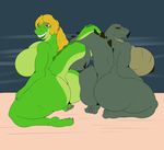  angrypotato96 anthro big_breasts breasts crocodile crocodilian duo female huge_breasts kneeling looking_at_viewer nipples nude overweight reptile scalie smile thick_thighs 