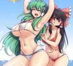  :d :q armpits arms_up bangs bare_arms bikini black_eyes black_hair blue_sky blush bouncing_breasts bow breasts cleavage closed_eyes collarbone commentary covered_nipples day frog_hair_ornament green_hair hair_bow hair_ornament hair_tubes hakurei_reimu halter_top halterneck hater_(hatater) highres kochiya_sanae large_breasts licking_lips long_hair multiple_girls navel open_mouth outdoors red_bikini red_bow sky smile stomach string_bikini summer swimsuit tongue tongue_out touhou underboob untied untied_bikini untying wet white_bikini 