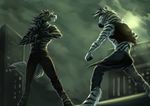  2013 abs anthro biceps biped black_bottomwear black_clothing black_fur black_hair black_pants black_stripes black_tail black_topwear blue_eyes building city clothed clothing cloud cracking_knuckles detailed_background digital_media_(artwork) duo equine fighting_stance fingerless_(marking) full_moon fur grey_bottomwear grey_clothing grey_pants grin hair jc_(artist) low-angle_view male mammal moon multicolored_fur multicolored_hair muscular muscular_male night outside pants pecs red_eyes signature sky smile snout standing striped_fur stripes stripes_(character) teeth topless two_tone_fur two_tone_hair vest white_fur white_hair white_stripes white_tail zebra 