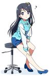  :o ? bare_legs black_hair blue_eyes blue_footwear blue_skirt blue_vest blush breasts commentary_request eyebrows_visible_through_hair full_body hair_ornament hand_on_leg hand_on_own_knee hatsunatsu high_heels krt_girls long_hair long_sleeves looking_at_viewer looking_to_the_side medium_breasts one_side_up parted_lips pencil_skirt pumps shirt shoes simple_background sitting skirt solo stool uniform vest white_background white_shirt xiao_qiong 