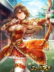  architecture arrow blue_sky bow_(weapon) box_(hotpppink) bracer breasts brown_eyes brown_hair cleavage day east_asian_architecture frilled_skirt frills hair_ornament highres long_hair looking_to_the_side medium_breasts official_art orange_skirt outdoors sangokushi_tenka skirt sky standing tree weapon white_legwear 