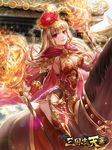  animal architecture blue_sky box_(hotpppink) breasts brown_hair brown_legwear cleavage day dual_wielding east_asian_architecture flower garter_belt glint hair_flower hair_ornament hair_stick highres holding horse horseback_riding medium_breasts official_art outdoors pink_cape red_eyes riding sangokushi_tenka sky staff 