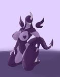  2017 alien alien_(franchise) angrypotato96 anthro areola bicci big_breasts breasts clawed_toes claws female heart_nipples hi_res horn kneeling nipples non-mammal_breasts not_furry nude simple_background smile solo spade_tail wings xenomorph xenosa 