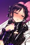 bangs bed_sheet black_bow black_gloves black_hair blank_eyes blush bow breasts breath brown_eyes buckle cleavage collar collarbone covered_nipples dutch_angle elbow_gloves empty_eyes full-face_blush glint gloves gradient gradient_background hair_bow half-closed_eyes head_tilt heart heart_pillow heavy_breathing highres idolmaster idolmaster_cinderella_girls jewelry latex long_hair looking_at_viewer lying navel nose_blush on_back on_bed parted_lips pillow purple_background ring satou_kuuki shiny shiny_clothes short_sleeves small_breasts solo sweat tachibana_arisu 