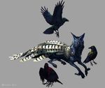  2015 ambiguous_gender beak black_beak black_feathers black_fur black_nose canine claws crown feathered_wings feathers feral fur grey_background grey_fur hybrid mammal paws simple_background tatchit wings yellow_eyes 