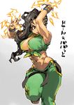  abs arms_up barefoot black_hair breasts brown_eyes dark_skin electricity gradient gradient_background grey_background hips large_breasts laura_matsuda long_hair midriff navel sketch solo street_fighter street_fighter_v thighs toes translation_request wide_hips ysk! 