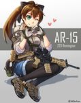  ;) ahoge ar-15 assault_rifle black_bow black_legwear bow brown_hair commentary_request cutoffs denim denim_shorts ear_protection full_body gloves green_eyes gun hair_bow hair_ornament hairclip heart heart_hands highres long_hair looking_at_viewer military_operator ndtwofives one_eye_closed original pantyhose partly_fingerless_gloves ponytail rifle scope shoes shorts sitting sleeves_rolled_up sling smile sneakers solo stanag_magazine wariza weapon 