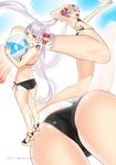  :o alternate_hairstyle ama_mitsuki amatsukaze_(kantai_collection) arms_up artist_name ass ball bare_legs beachball bikini black_bikini bright_pupils brown_eyes cross-laced_footwear dated flat_chest foreshortening from_behind hair_tubes halterneck kantai_collection long_hair looking_at_viewer multiple_views sandals side-tie_bikini silver_hair swimsuit twintails twitter_username very_long_hair wedge_heels 