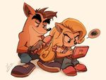  2017 4_fingers annoyed anthro bandicoot black_nose blonde_hair brother brother_and_sister clothed clothing coco_bandicoot computer crash_bandicoot crash_bandicoot_(series) duo female footwear fully_clothed gloves hair holding_object laptop male mammal marsupial overalls pants shira-hedgie shoes sibling sister sitting smile video_games 