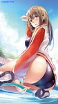  artist_name ass blue_eyes blush breasts brown_hair copyright_name day game-style highres hose jacket kekemotsu long_hair looking_at_viewer medium_breasts one-piece_swimsuit open_clothes open_jacket open_mouth original phone_wallpaper pool pool_ladder school_swimsuit shoes sitting sky smile solo swimsuit wallpaper yokozuwari 