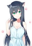  animal_ears bangs black_hair blue_dress blush breasts cat_ears cleavage closed_mouth collarbone commentary_request dress eyebrows_visible_through_hair green_eyes hair_between_eyes hair_ornament hair_tousle hand_up highres large_breasts light_smile long_hair looking_at_viewer original paw_background shikuro_(iorimiyakiyo) sidelocks simple_background smile solo tsurime white_background x_hair_ornament 