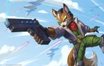  2017 5_fingers alanscampos anthro arwing belt black_nose brown_fur canine clothed clothing cloud day dipstick_tail english_text fox fox_mccloud fur gloves green_eyes gun hi_res holding_object holding_weapon jacket male mammal multicolored_tail nintendo ranged_weapon scarf sky smile solo standing star_fox text video_games weapon white_fur 