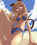  beach bikini blonde_hair blue_bikini blush breasts day glasses groin highres long_hair medium_breasts navel outdoors perrine_h_clostermann sky smile solo strike_witches suo_(sndrta2n) swimsuit swimwear world_witches_series yellow_eyes 