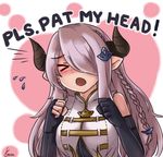  &gt;_&lt; 1girl artist_name bare_shoulders black_gloves blush braid clenched_hands commentary draph english fingerless_gloves flying_sweatdrops gloves granblue_fantasy hair_ornament hair_over_one_eye head_tilt horns lavender_hair long_hair narmaya_(granblue_fantasy) nose_blush one_eye_closed open_mouth orakuru signature solo xo 