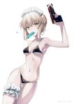  arm_behind_back artoria_pendragon_(all) artoria_pendragon_(swimsuit_rider_alter) ass_visible_through_thighs bangs bare_arms bare_shoulders bikini black_bikini blonde_hair braid breasts breasts_apart collarbone contrapposto cowboy_shot eyebrows_visible_through_hair fate/grand_order fate_(series) finger_on_trigger fingernails food food_in_mouth french_braid frills groin gun hair_between_eyes hair_bun hand_on_hip hand_on_thigh hand_up handgun highres holding holding_gun holding_weapon leg_garter long_fingernails looking_at_viewer maid maid_bikini maid_headdress md5_mismatch medium_breasts mouth_hold navel popsicle puma_(hyuma1219) short_hair sidelocks simple_background small_breasts solo standing stomach swimsuit thigh_gap tsurime twitter_username underboob weapon white_background yellow_eyes 