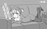  arm_support bangs blush breasts cellphone chinese collarbone couch crossed_ankles desk_lamp full_body greyscale hair_between_eyes hatsunatsu indoors jitome lamp legs_up looking_at_viewer looking_to_the_side lying monochrome nude on_couch on_stomach original panties panties_removed parted_lips phone pleated_skirt short_hair short_twintails skirt skirt_removed small_breasts smartphone solo sweat thighhighs translated twintails underwear 