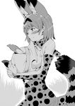 animal_ears bangs blush bow bowtie closed_mouth cross-laced_clothes elbow_gloves from_side gloves greyscale hat hat_feather helmet high-waist_skirt highres holding kemono_friends monochrome pith_helmet serval_(kemono_friends) serval_ears serval_print shirt short_hair skirt sleeveless sleeveless_shirt smile solo standing striped_tail tail takano_itsuki upper_body 