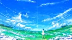  bird blue_hair blue_sky cloud cloudy_sky commentary_request day dress field flower flower_field grass highres light_beam original scenery short_hair silhouette sky solo standing very_wide_shot walking white_dress y_y_(ysk_ygc) 