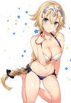  absurdres bangs bare_shoulders bikini blonde_hair blue_bikini_bottom blue_eyes blush bow bow_bikini bracelet braid breasts cleavage closed_mouth collarbone detexted eyebrows_visible_through_hair fate/apocrypha fate_(series) front-tie_bikini front-tie_top hair_between_eyes hair_bow halterneck hand_on_own_shoulder headpiece highres hips jeanne_d'arc_(fate) jeanne_d'arc_(fate)_(all) jewelry large_breasts legs long_braid long_hair looking_at_viewer mismatched_bikini navel revision scan simple_background single_braid sitting solo star swimsuit thighs third-party_edit very_long_hair white_background white_bikini_top yokozuwari yuran 