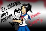  1boy 1girl ayano_aishi bendy bendy_and_the_ink_machine black_eyes black_hair bowtie crossed_arms crossover demon holding_in_arms looking_at_viewer one_eye_closed ponytail school_uniform size_difference spanish_text tail text translated yandere yandere-chan yandere_simulator 