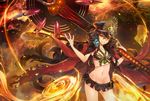  bangs bikini bikini_skirt black_bikini black_hair black_skirt club coat commentary embers fate/grand_order fate_(series) fire frilled_bikini_bottom frills grin hair_between_eyes hands_up hat headphones headphones_around_neck holding holding_weapon jacket_on_shoulders long_hair looking_at_viewer military_hat navel oda_nobunaga_(fate) oda_nobunaga_(swimsuit_berserker)_(fate) orange_eyes parted_lips peaked_cap skirt smile solo swimsuit teddy_(khanshin) tsurime wavy_hair weapon 