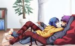  barefoot blue_eyes blue_hair casual controller flipped_hair hood hoodie kanoya_rui lying lying_on_another male_focus mirokuji_yuuya multiple_boys open_mouth plant popped_collar purple_hair re:creators remote_control short_hair smile soujiroh_orz sunglasses 