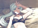  arm_up bed black_bra blue_eyes bra breasts cleavage closed_mouth commentary_request earrings jewelry long_hair pillow ponytail rwby scar scar_across_eye small_breasts solo sweat tsuta_no_ha underwear weiss_schnee white_hair 