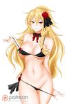  alfred_cullado areola_slip areolae bikini black_bikini blonde_hair braid breasts celica_alfonea cowboy_shot groin hair_between_eyes highres large_breasts long_hair patreon_logo rokudenashi_majutsu_koushi_to_akashic_record self_exposure shiny shiny_skin single_braid smile solo swimsuit swimsuit_pull thigh_gap thighs watermark web_address white_background yellow_eyes 