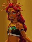  bangle bare_shoulders blue_lipstick bracelet braid crop_top dark_skin gerudo green_eyes hair_ornament jewelry lipstick long_hair looking_at_viewer makeup mella midriff navel pointy_ears red_hair riju solo the_legend_of_zelda the_legend_of_zelda:_breath_of_the_wild thick_eyebrows upper_body very_long_hair 