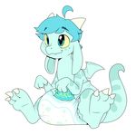  baby blue_eyes blue_hair claws cuddlehooves diaper dragon feral hair male sitting smile solo wings young 