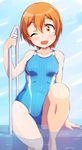  ;d blue_swimsuit competition_swimsuit highres hoshizora_rin looking_at_viewer love_live! love_live!_school_idol_project one-piece_swimsuit one_eye_closed open_mouth orange_hair partially_submerged pool_ladder sen_(sen0910) short_hair sitting smile solo swimsuit water yellow_eyes 