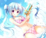  :q bangs bikini blue_hair blush braid breasts cleavage dutch_angle flower front-tie_bikini front-tie_top hair_flower hair_ornament hisama_kumako long_hair medium_breasts navel ocean original pink_bikini plaid plaid_bikini red_eyes side-tie_bikini solo swimsuit tongue tongue_out twintails water water_gun x_hair_ornament 