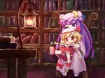 bare_arms blonde_hair book bookshelf bow chair crescent crescent_hair_ornament fang fire flandre_scarlet hair_ornament hat highres indoors isu_(is88) lantern library mob_cap multiple_girls one_eye_closed open_mouth patchouli_knowledge purple_eyes purple_hair reading red_bow red_eyes red_footwear red_skirt shoes sitting sitting_on_lap sitting_on_person skirt skirt_set smile socks touhou vest white_legwear wide_sleeves 