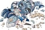  ass blue_eyes breasts full_body hair_over_one_eye hair_ribbon hakama_skirt maruoka_(oshiro_project) medium_breasts official_art oshiro_project oshiro_project_re ribbon sheep_sleep sideboob silver_hair skirt snake torn_clothes torn_skirt transparent_background 