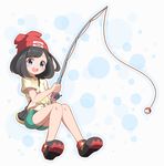  1girl bag beanie black_bag black_hair black_shoes blue_background blue_eyes blush collarbone eyebrows_visible_through_hair fishing_rod full_body green_shorts hands_up happy hat knees_together_feet_apart looking_at_viewer mizuki_(pokemon_sm) neru_(neruneruru) open_mouth pokemon pokemon_sm red_hat shirt shoes short_hair short_sleeves shorts simple_background sitting smile solo strap_cleavage teeth tied_shirt white_background 