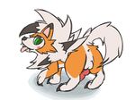  2017 animal_genitalia animal_penis anus balls blush butt canine canine_penis claws dusk_lycanroc erection feral fur green_eyes knot lycanroc male mammal nintendo nulloffset orange_fur penis pok&eacute;mon simple_background solo tongue video_games white_fur 