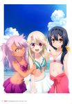  :d absurdres alternate_hairstyle aqua_bikini arm_hug arms_at_sides artist_request beach bikini bikini_skirt blue_sky breasts chloe_von_einzbern cloud cloudy_sky collarbone cowboy_shot dark_skin day eyebrows_visible_through_hair fate/kaleid_liner_prisma_illya fate_(series) frill_trim hair_between_eyes hair_ornament hair_over_shoulder hairband hairclip halterneck highres illyasviel_von_einzbern light_brown_hair long_hair low_ponytail miyu_edelfelt multiple_girls navel official_art one_side_up open_mouth outdoors page_number pink_bikini ponytail red_eyes sarong scan shading_eyes sky small_breasts smile swimsuit tattoo white_bikini_bottom 